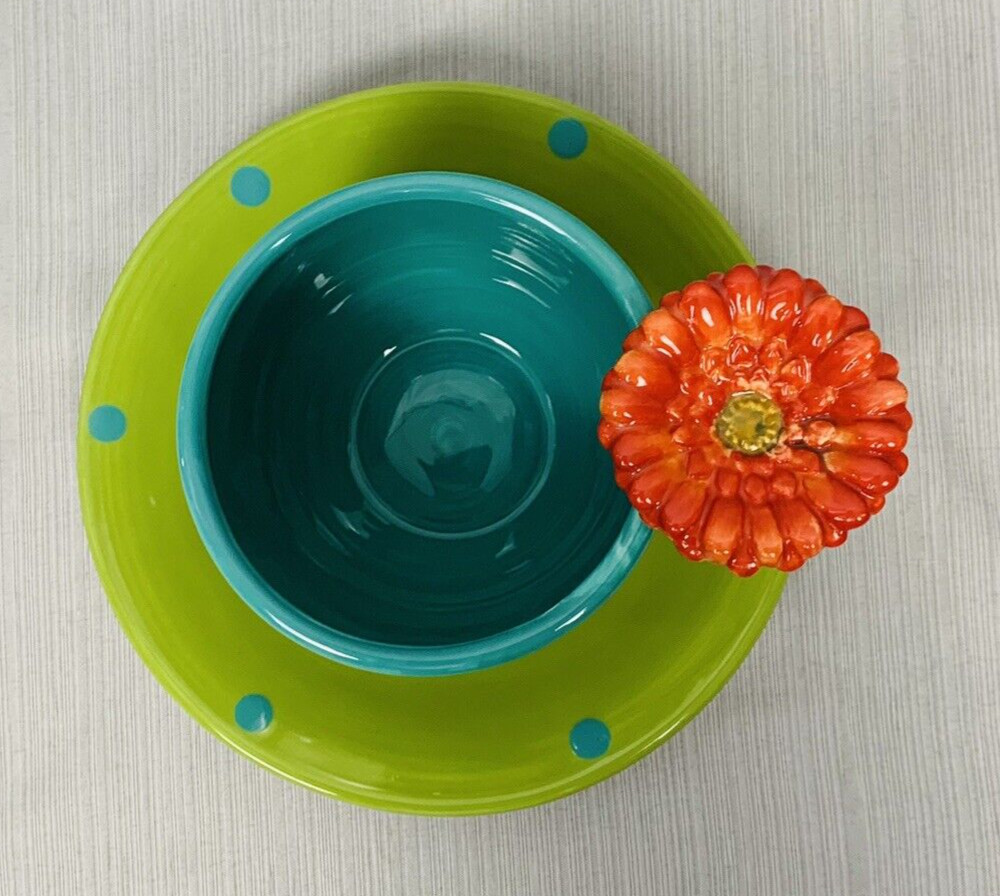 burton+Burton Ceramic Tea Cup & Saucer Polka Dot Flower on Handle Colorful