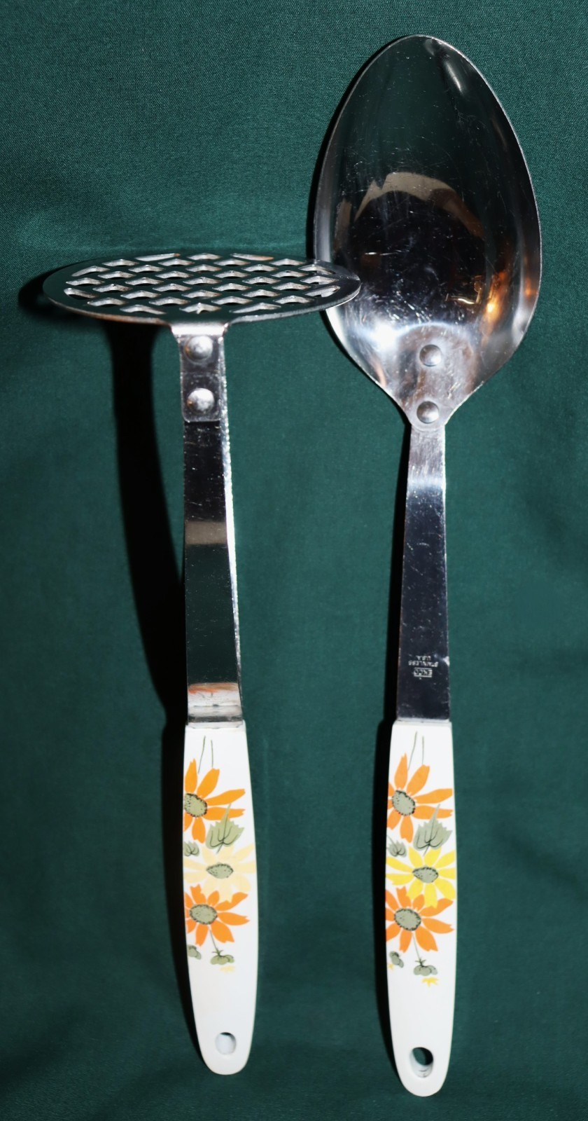 2 Vintage Ekco Country Garden Floral Kitchen Utensils Serving Spoon & Masher