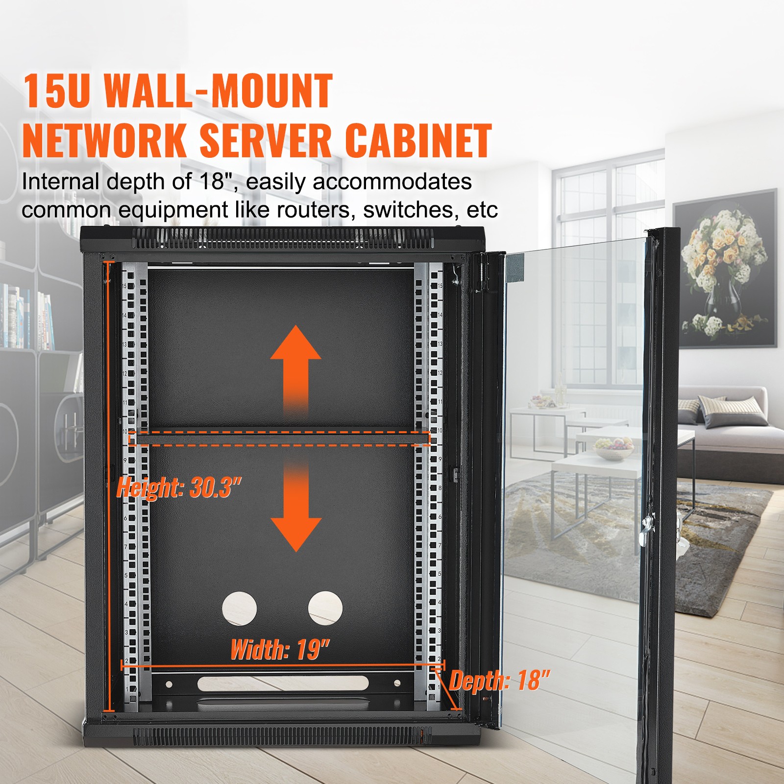 15U Wall Mount Network Server Rack Cabinet Enclosure 18'' Glass Door Lock