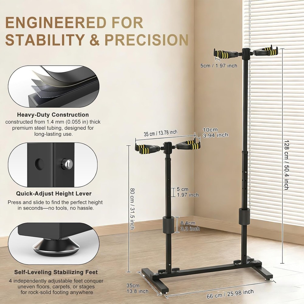 Multi Guitar Holder Stand for 4 Guitars Adjustable Height 90° Gravity-Lock Hook