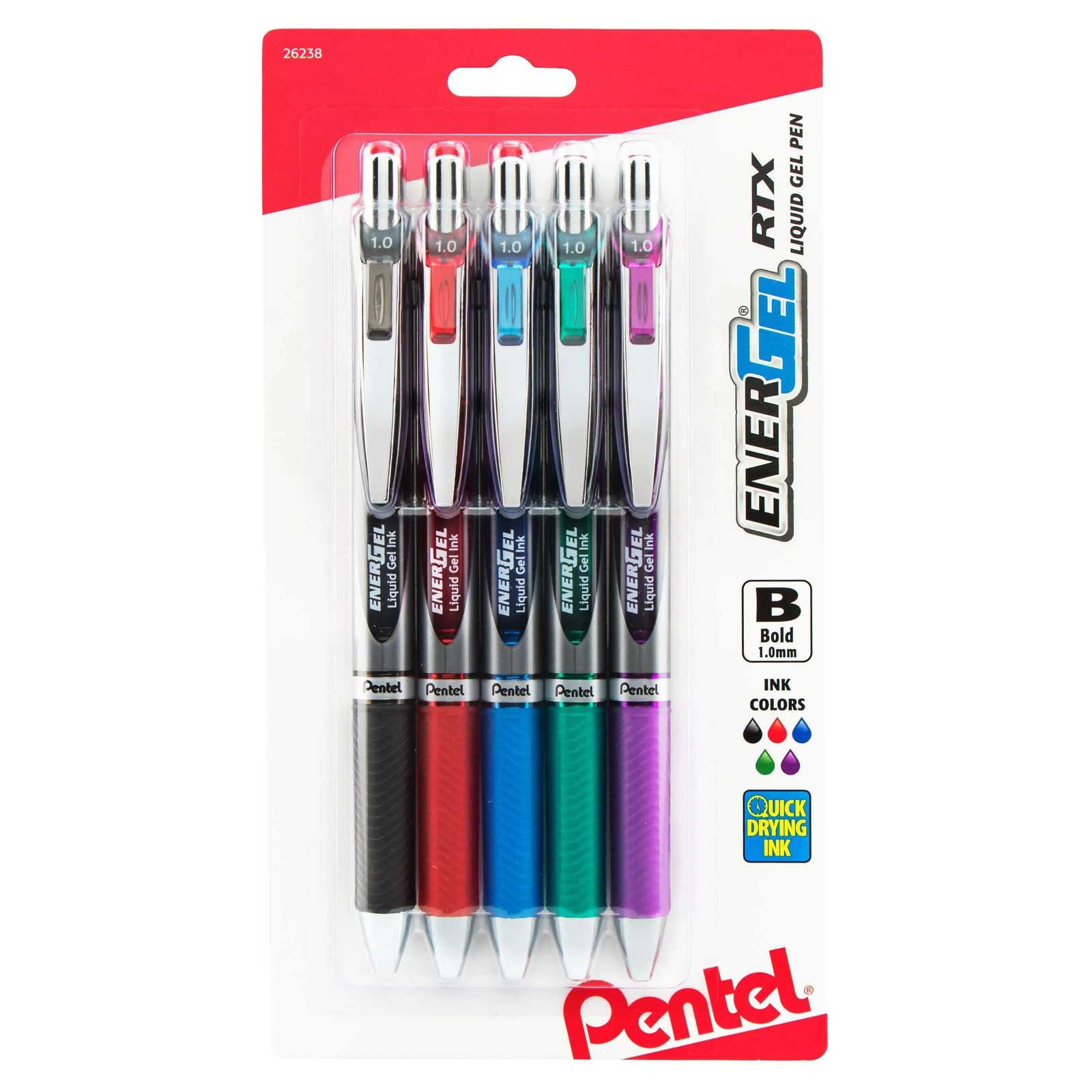 Pentel EnerGel RTX, Liquid Gel Pen (1.0mm), Bold Line, Assorted Ink 5-Pk