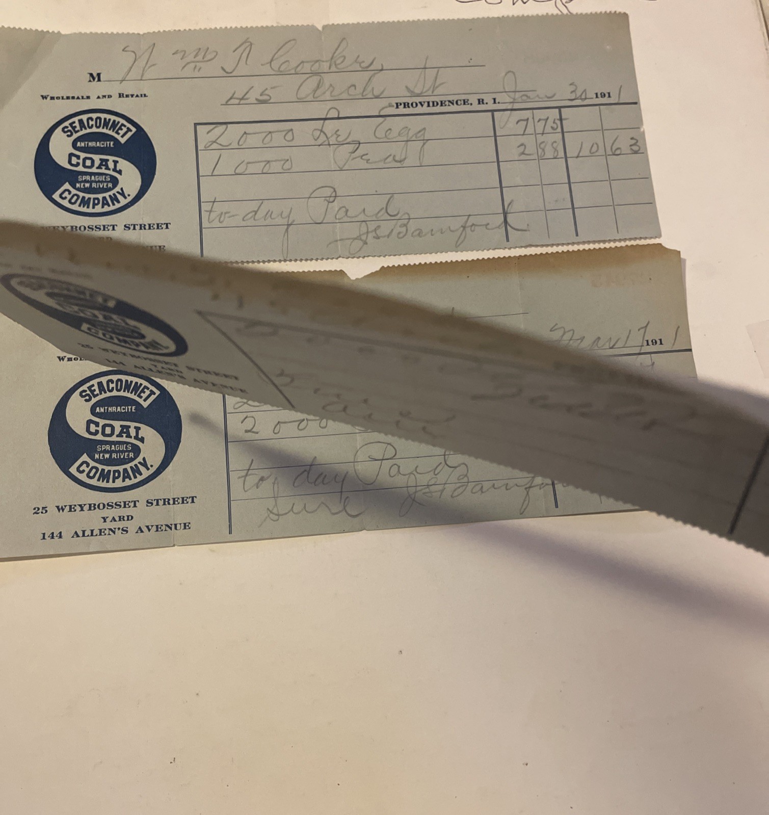 (3) 1911 Seaconnet Coal Co Providence Rhode Island Receipts 144 Allen’s Avenue