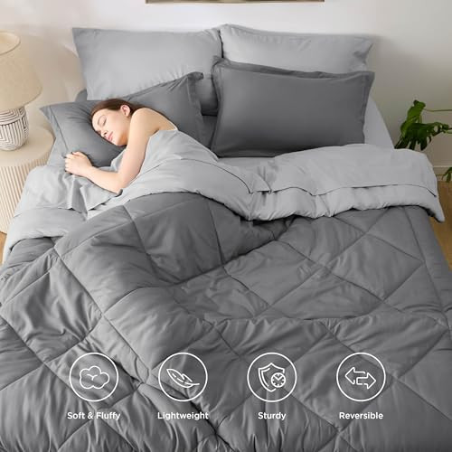 Comforter Set - 7 Pieces Reversible Grey Bedding Size Bed Set Queen 01 - Grey