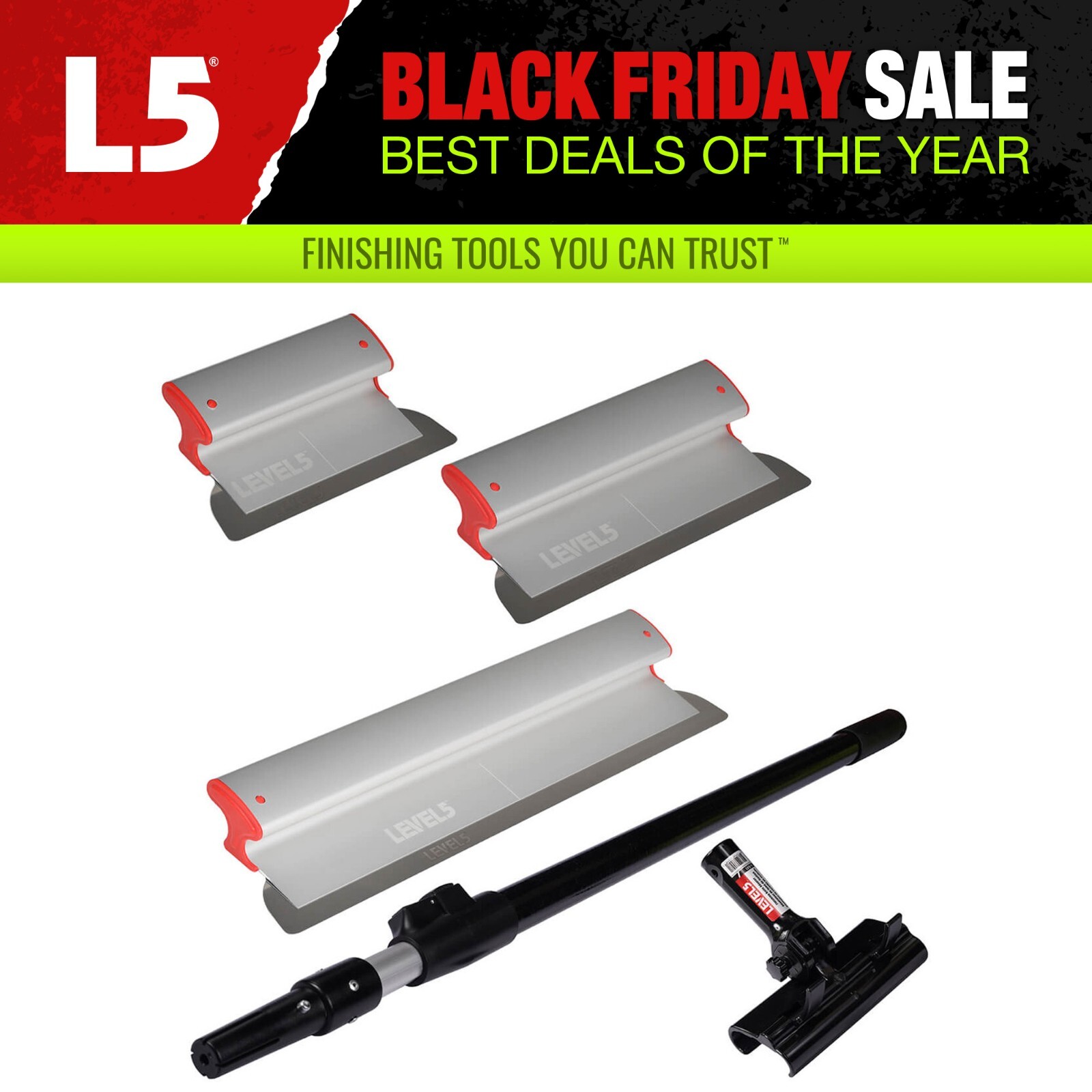 LEVEL5 Drywall Skimming Blade Set 10" 16" & 24” w/ 37"- 63" Ext Handle | 5-440