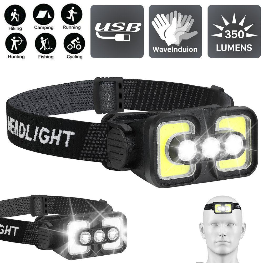 COB LED Headlamp USB Rechargeable Sensor Headlight Torch Work Light Dual Switch