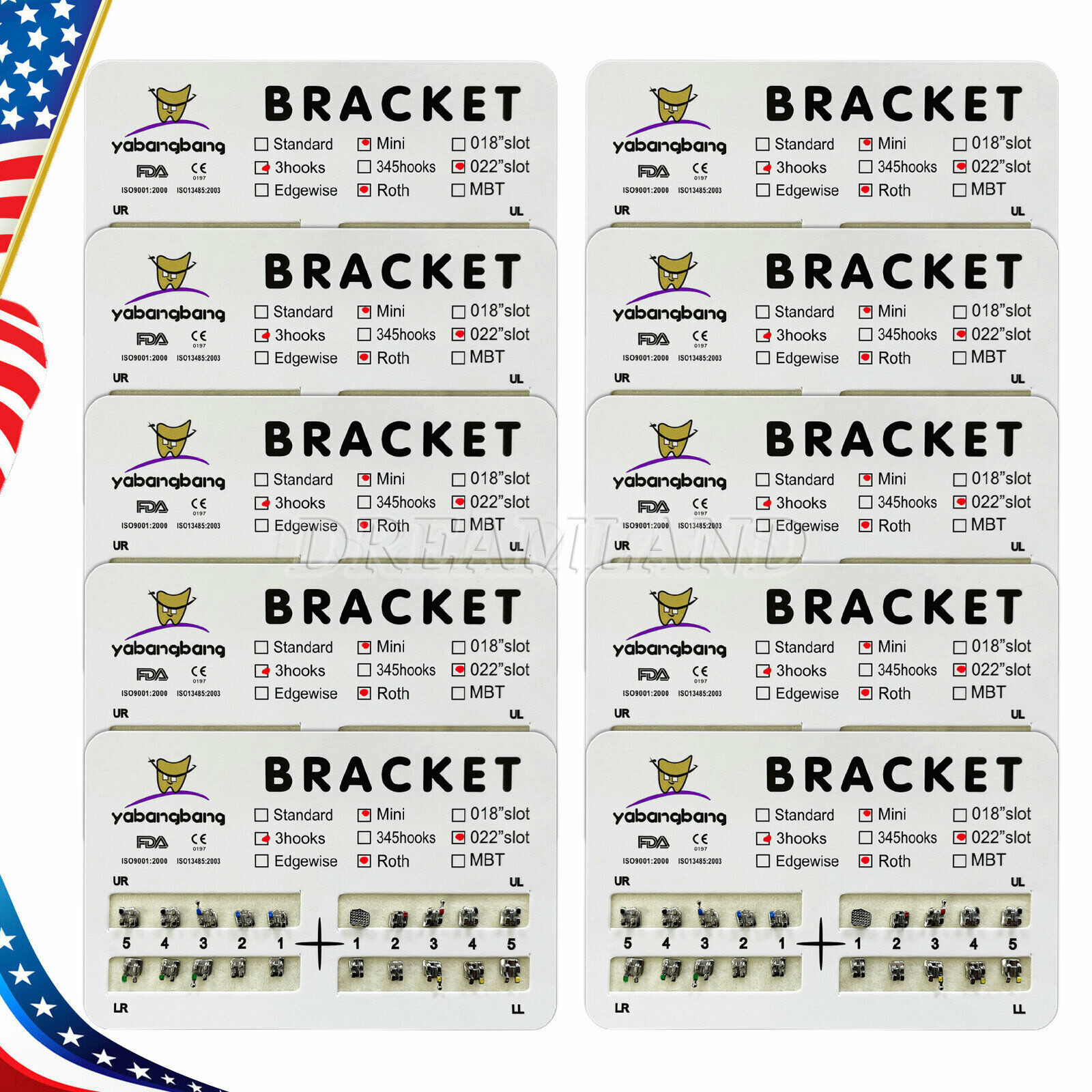 10 Packs Dental Orthodontic Brackets Braces Mini Roth 022 Slot 3 hooks #3 USA CE