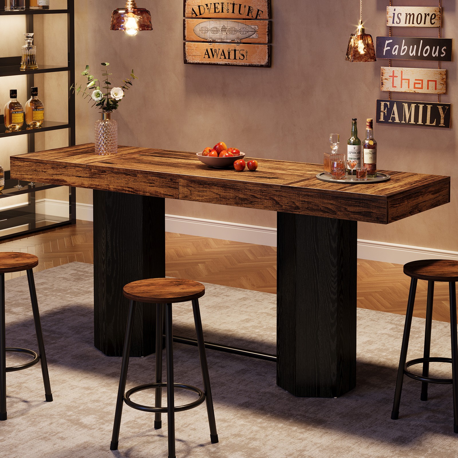 70.9" Extra Long Bar Table, Industrial Counter Height Table with Metal Footrest