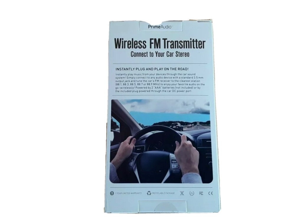 New In Box Prime Audio Wireless FM Transmitter Connect To Your Car Stereo System