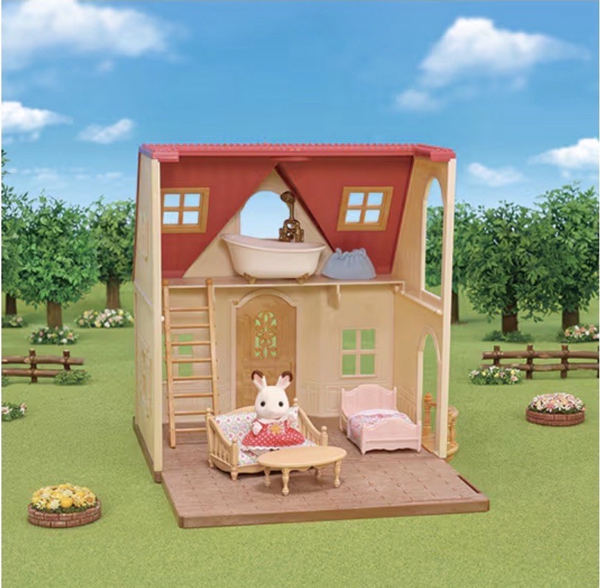 Calico Critters Red Roof Cozy Cottage Starter Home 2 Story Dollhouse 16 Pieces