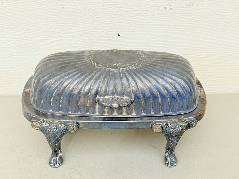 FB Rogers Silver Plated Roll Top Lion Head Claw Feet Covered Butter Dish
