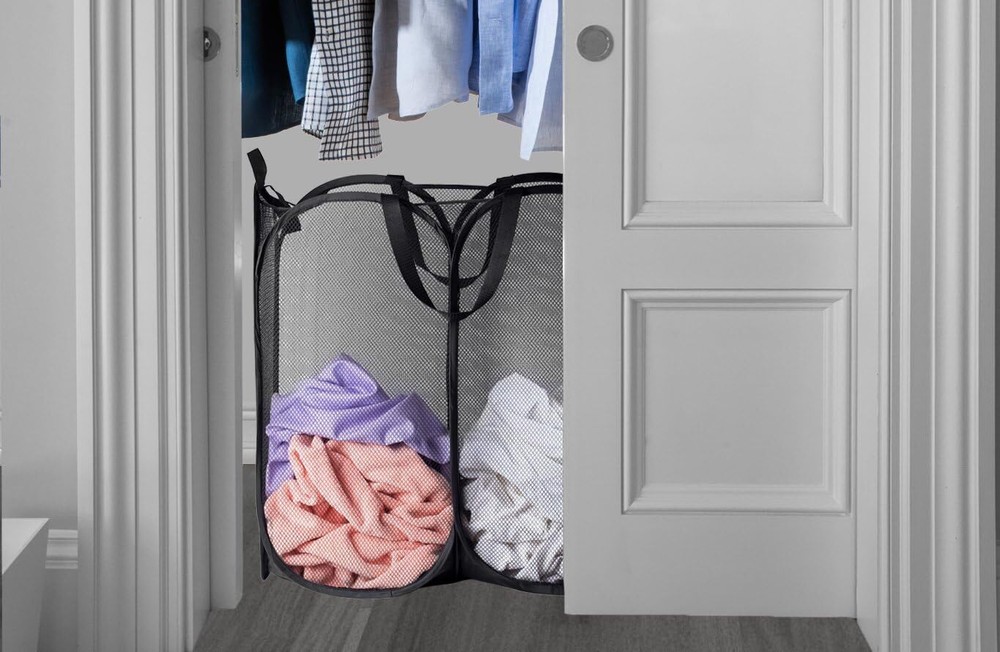 Mesh Popup Laundry Hamper - Two Compartments, Collapsible for Storage and Easy