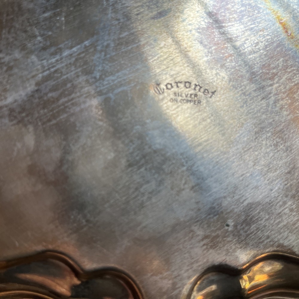 Coronet Silver on Copper 13" Round Footed Silverplate Tray