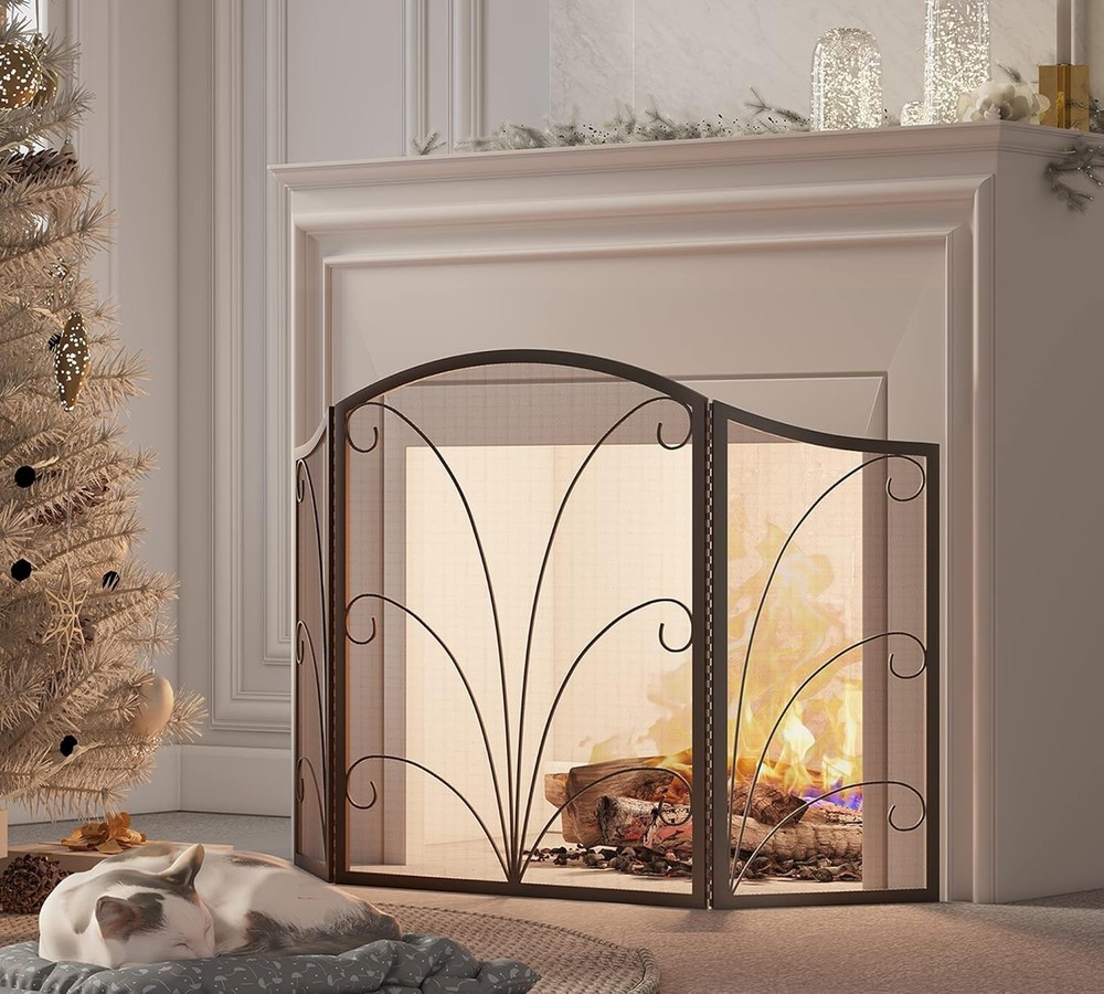 3-Panel Arched Fireplace Screen Decorative Handcrafted Scroll Wrought Iron