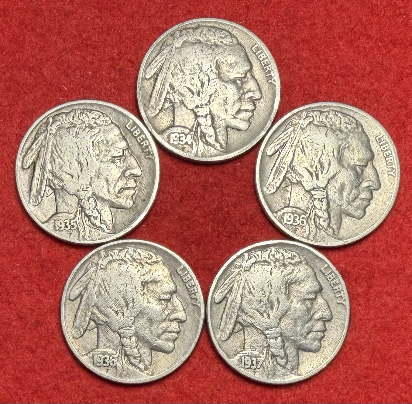 Lot of (5) BUFFALO Indian Head Nickel Coins FULL Dates All Different Years Or MM