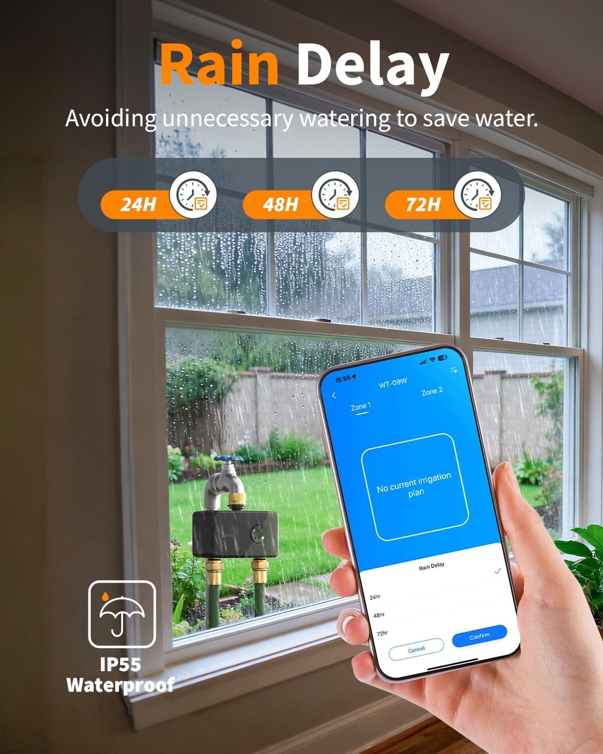 WiFi 2 Zone Smart Water Timer for Garden Hose Remote Control Rain Delay Watering
