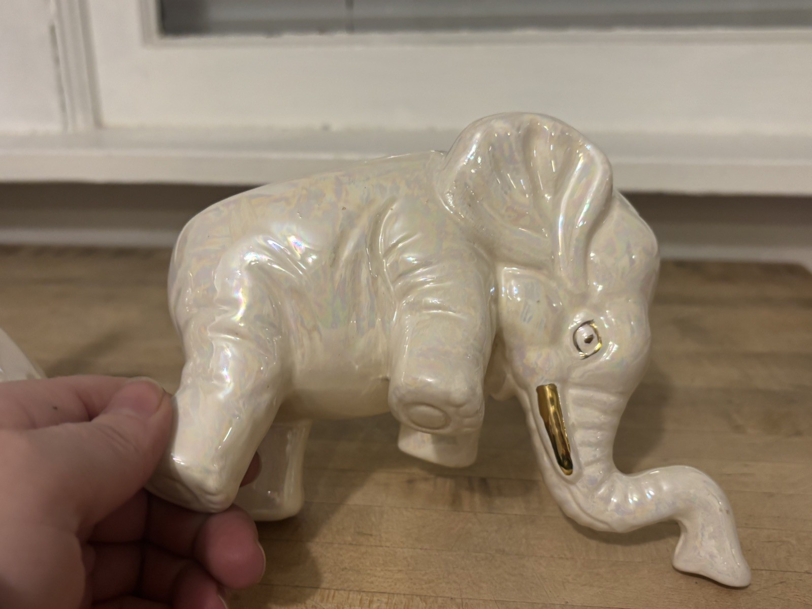 Vtg Lustreware Elephant Figurine 1950's Trunk Up LusterWare Gray & Pink MCM set