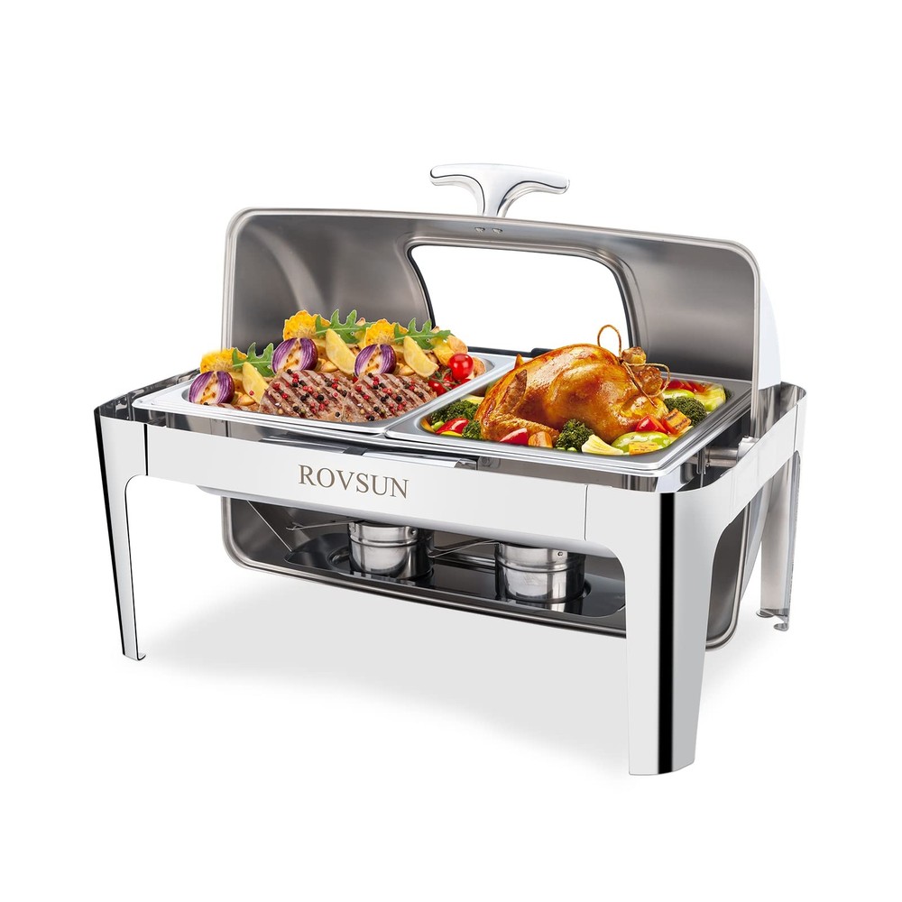Roll Top Chafing Dish Buffet Set,NSF 9 Quart Rectangular Stainless Steel Chaf...