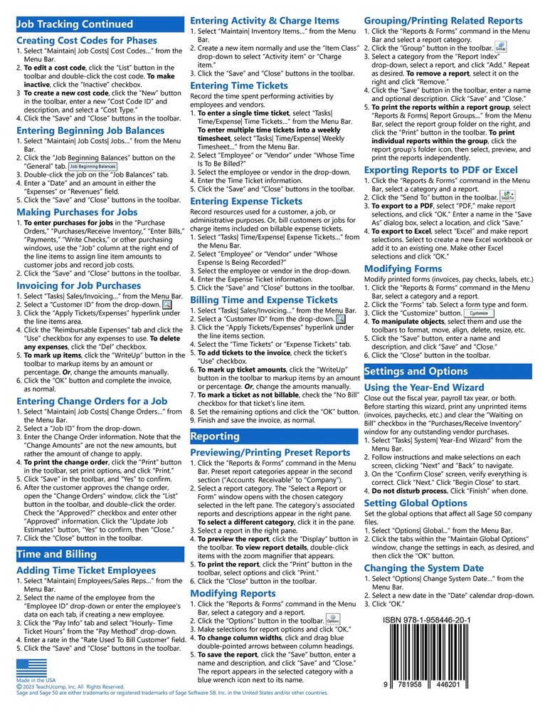 Sage 50 Training Guide Quick Reference Card 4 Page Cheat Sheet Instructions