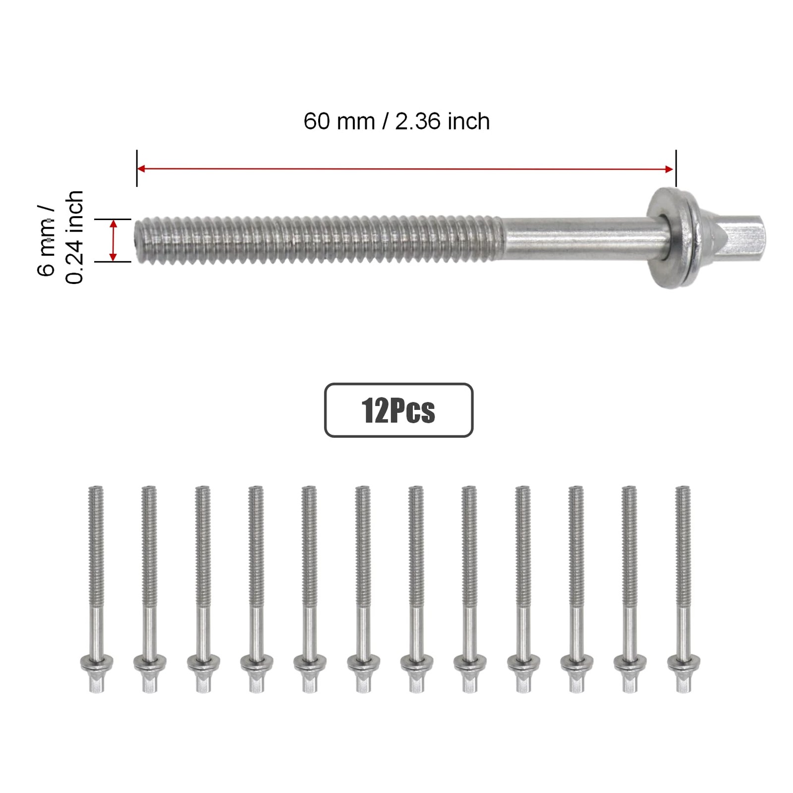 CashBeat 12-Pack Drum Tension Rods, M6X60 mm Stainless Steel M6 x60, Silver