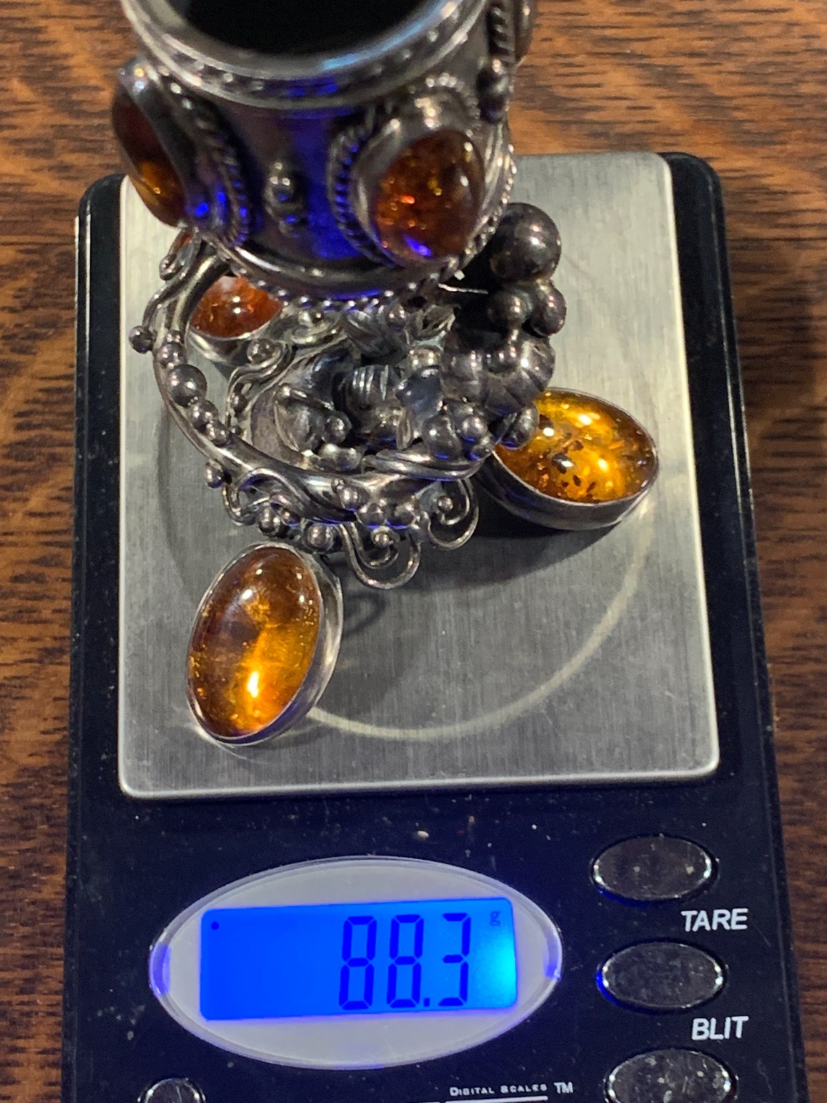 Rare Sterling Silver Candle stick Holder with Baltic Amber Cabochons 88g Poland