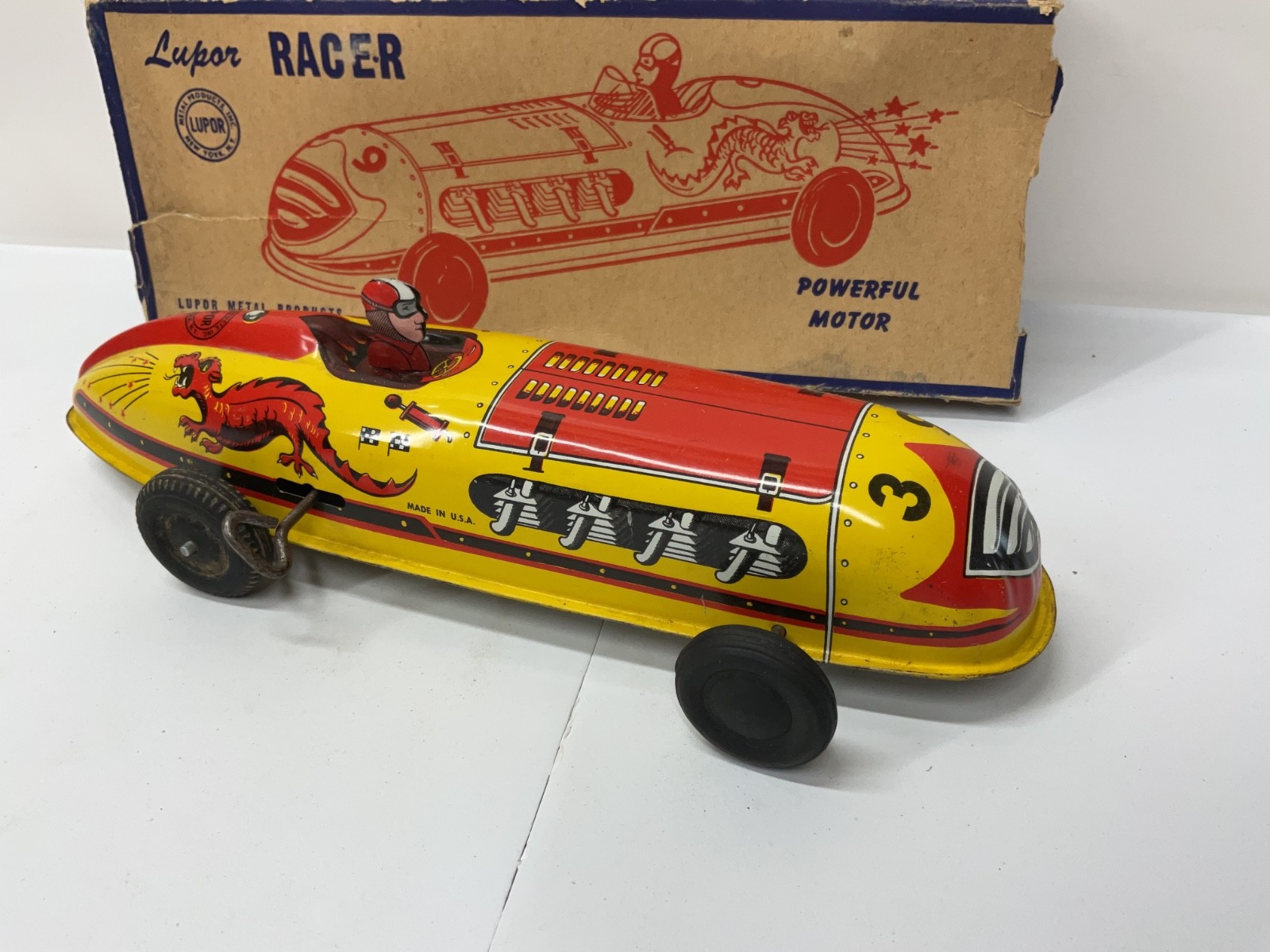 VINTAGE LUPOR TIN WINDUP RACER WITH ORIGINAL BOX