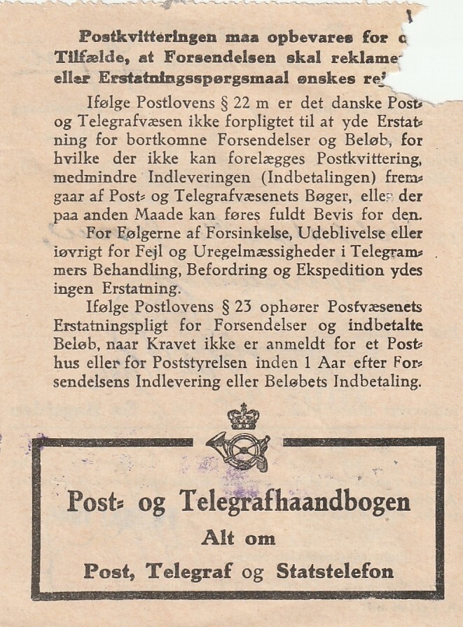 DENMARK: Franked postal receipt 1946.