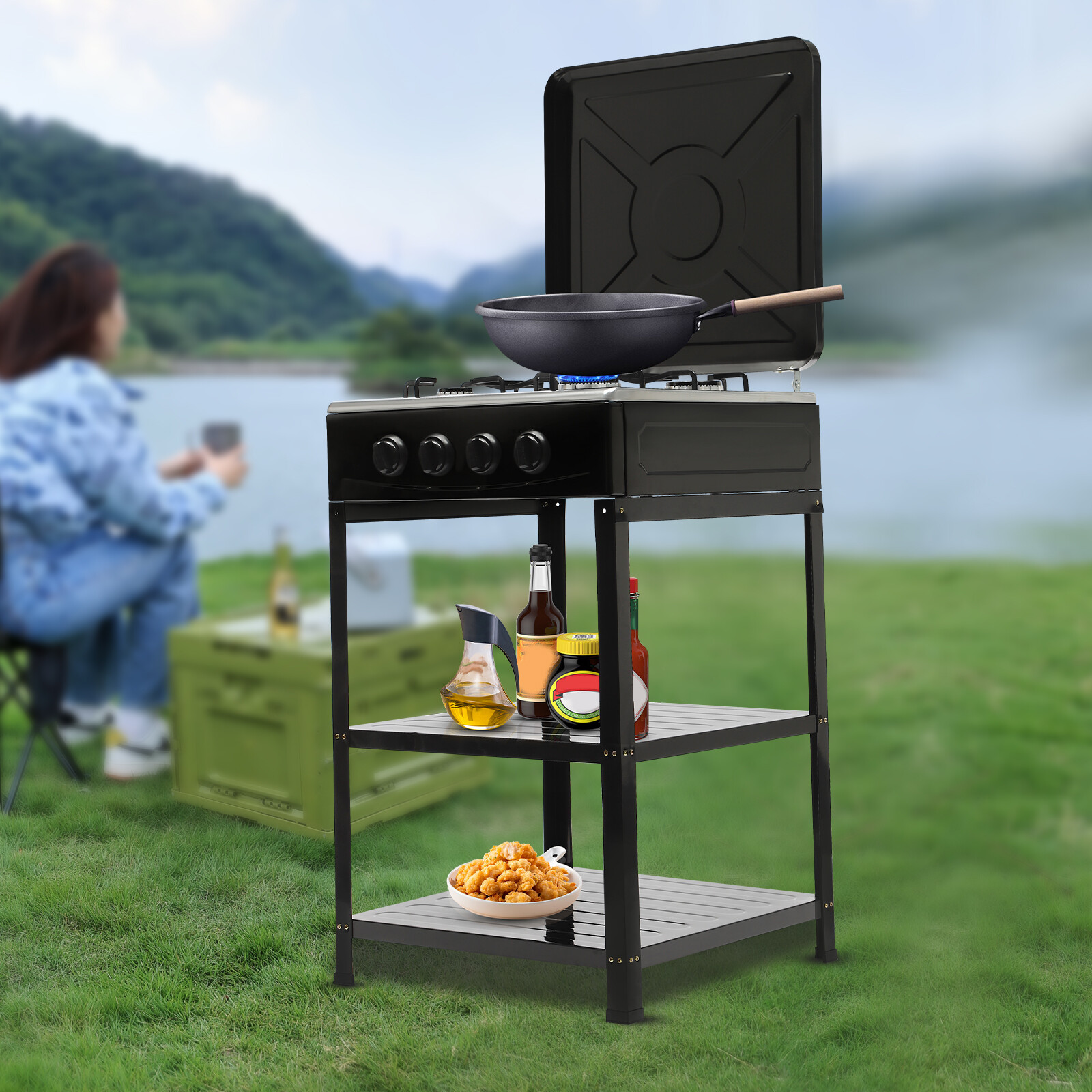 Outdoor 300000 BTU Stove Propane 4 Burner Portable Cooker BBQ Grill Windshelter