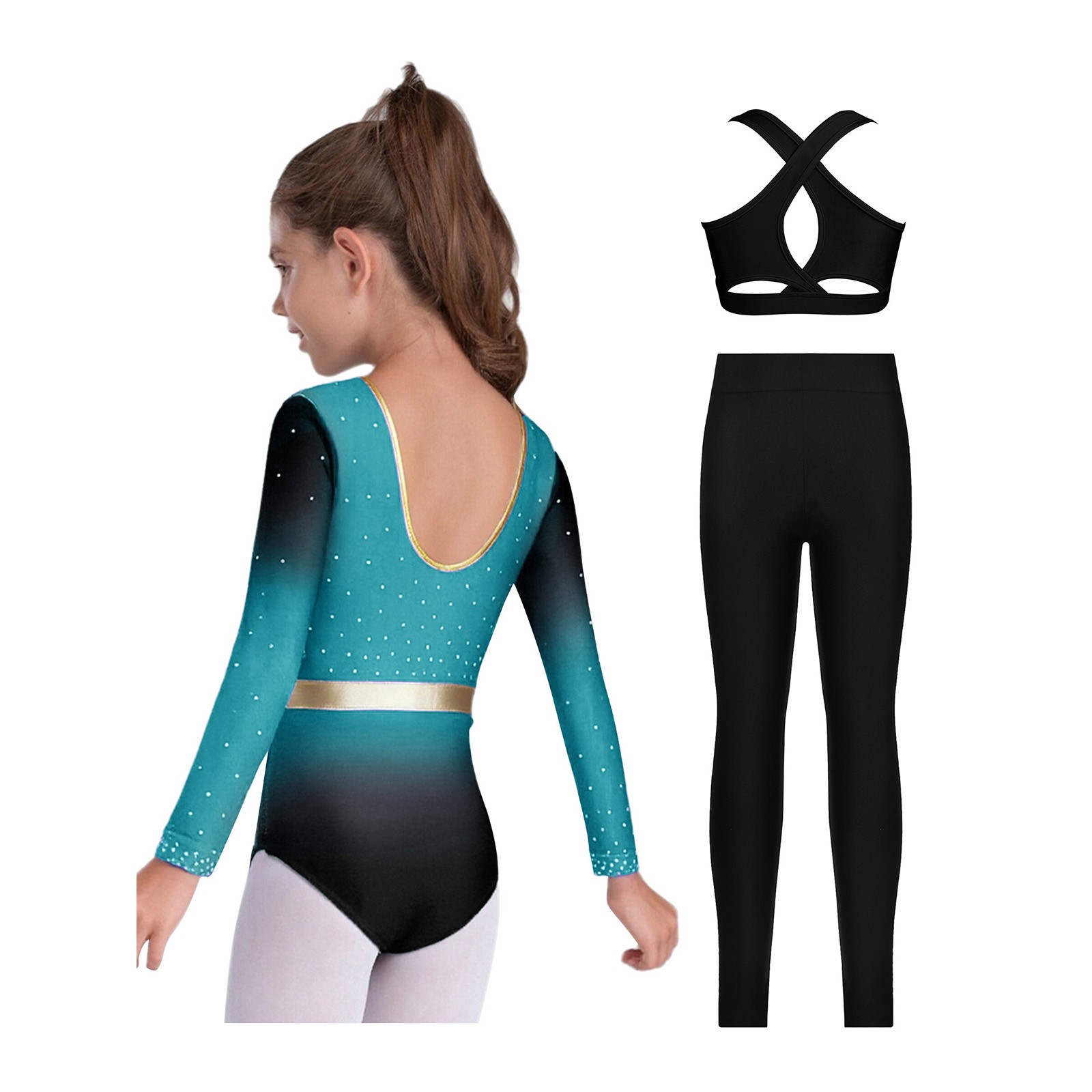 Kids Girls 3Pcs Set Team Dancewear Rhinestones Bodysuit Party Wear Shiny Pants