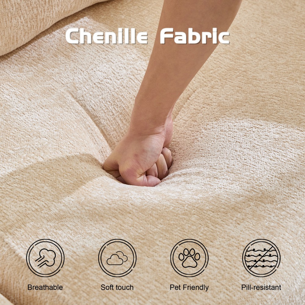 Convertible Floor Sofa Bed w/Fixed Frame, Chenille, Beige, No Assembly