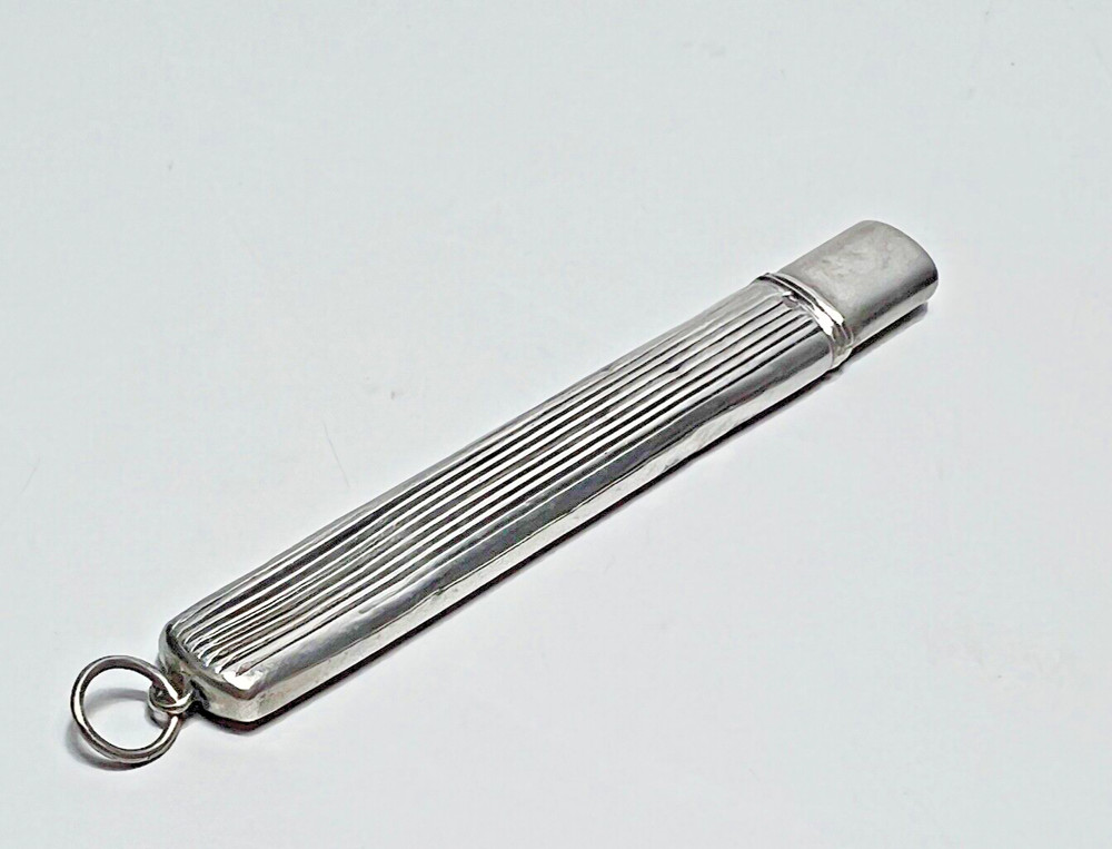 1900s Antique Austria Sterling Silver Chatelaine Sewing Needle Case Striped Box