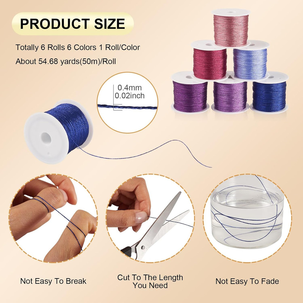 328 Yards 6 Rolls Polyester Braided Metallic Thread Jewelry Beading Thread Thin
