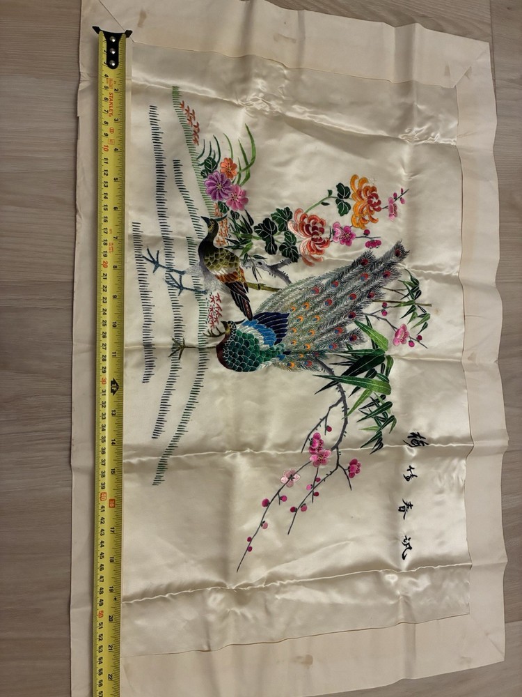 Bird Flower embroidered asian character Panel