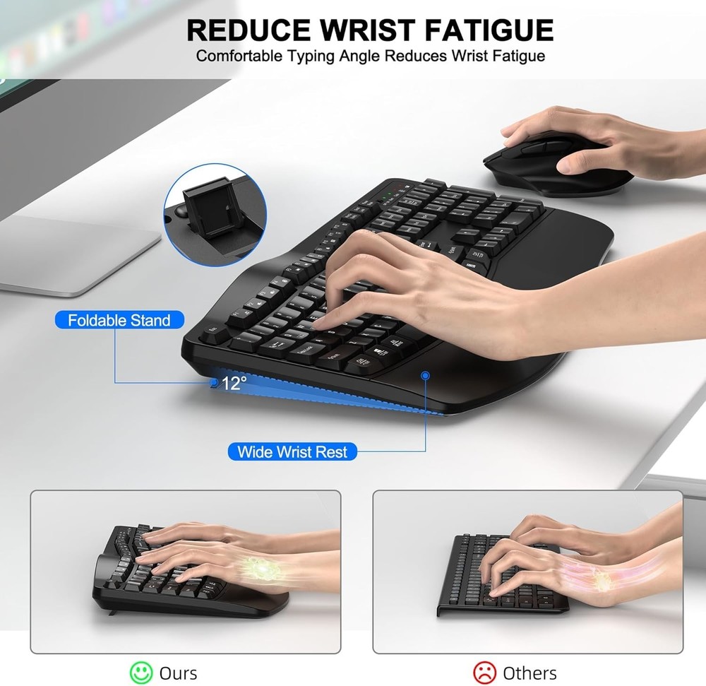 Wireless Keyboard and Mouse Combo, 2.4G Full Size Wave Keys Ergonomic Keyboard