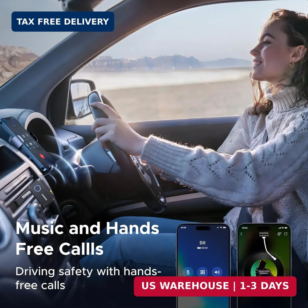 UGREEN Bluetooth 6.0 Receiver for Car with LDAC, AI Noise Cancelling 3.5mm AUX B