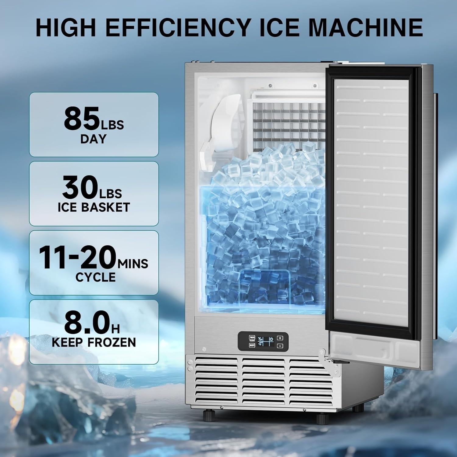 Commercial Under Counter Ice Maker Machine 85Lbs/Day Ice Maker 33lbs Ice Storage