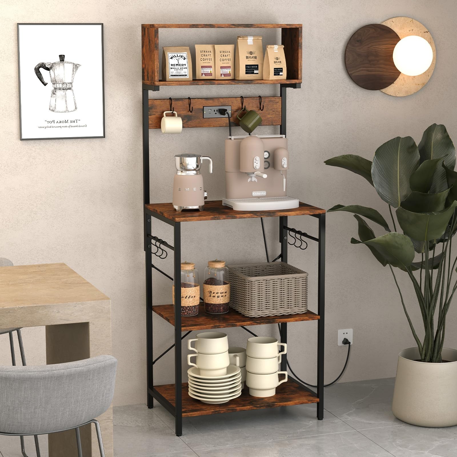 Baker’s Rack with Power Outlet, 5-Tier Microwave Stand with Open Shelves