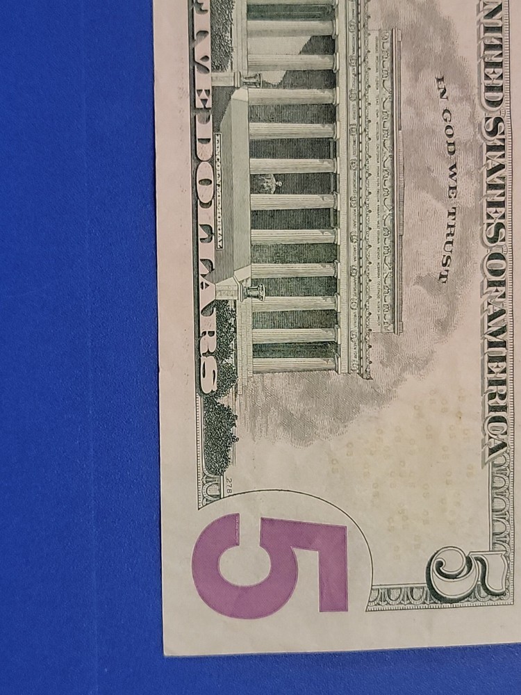 $FIVE DOLLAR BILL Trinary Repeater Fancy Serial Number with bleed through error!