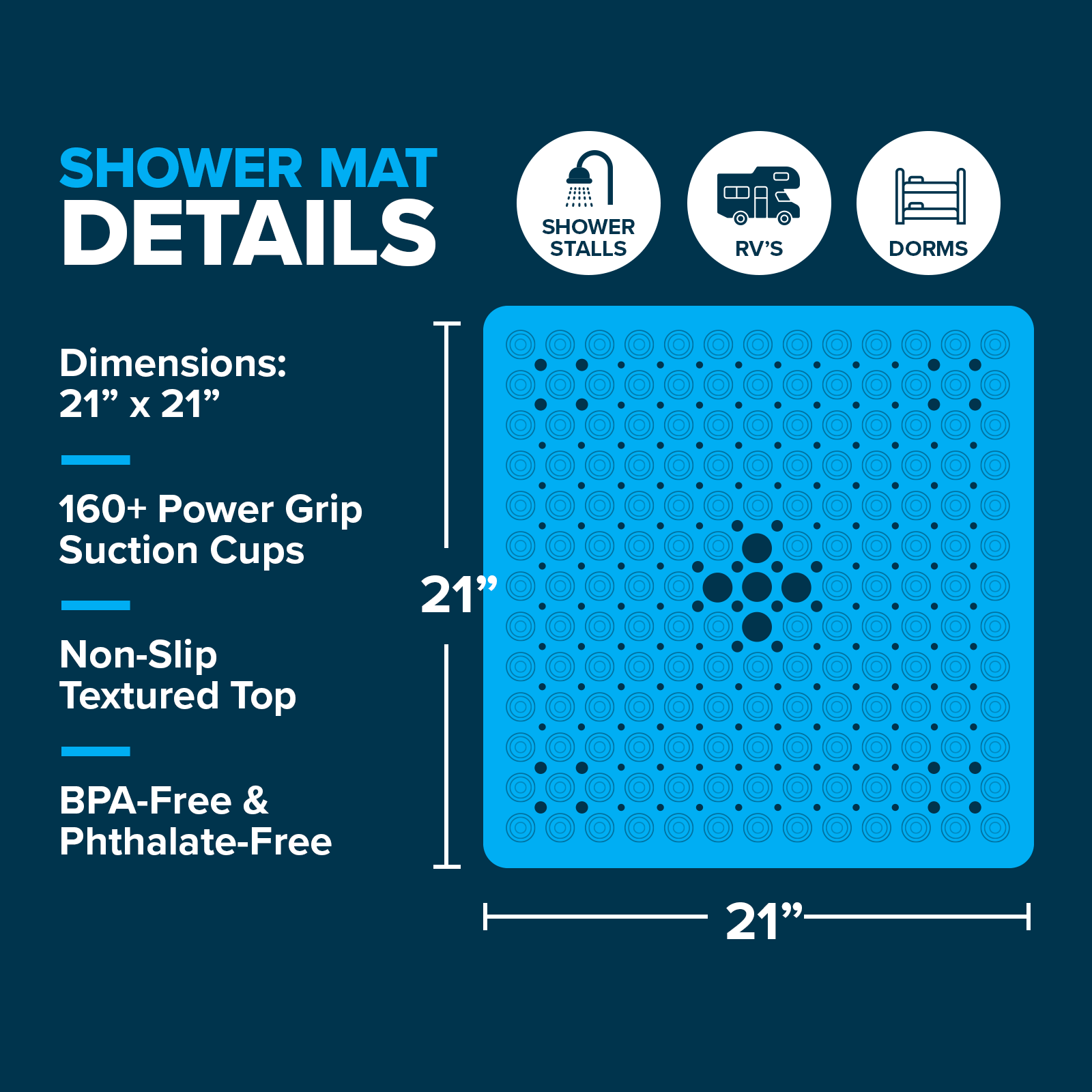 Large Non-Slip Shower Mat with Drain Holes: White Square Shower Mat