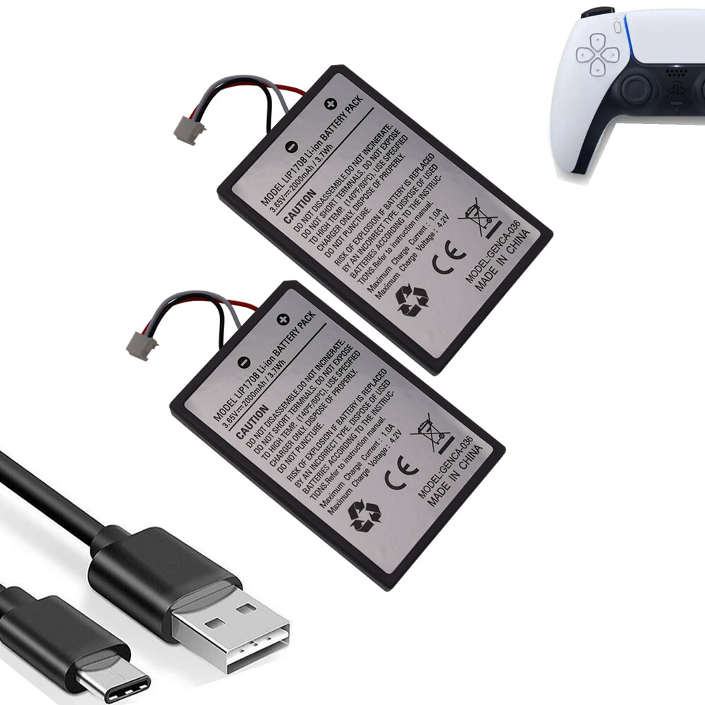 2x 2000mAh Replacement Battery for PS5 Wireless Controller & USB Cable Gift