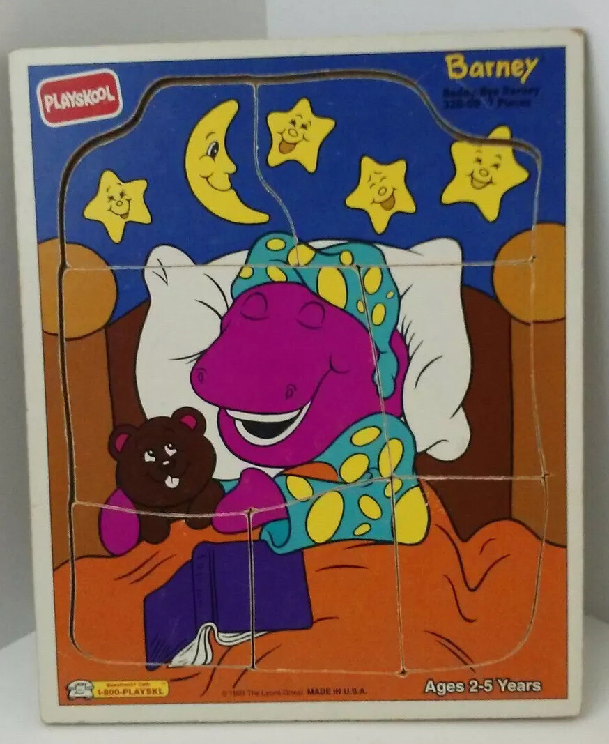 Playskool Barney Wooden Puzzle 1993 Beddy Bye Barney 7 pieces