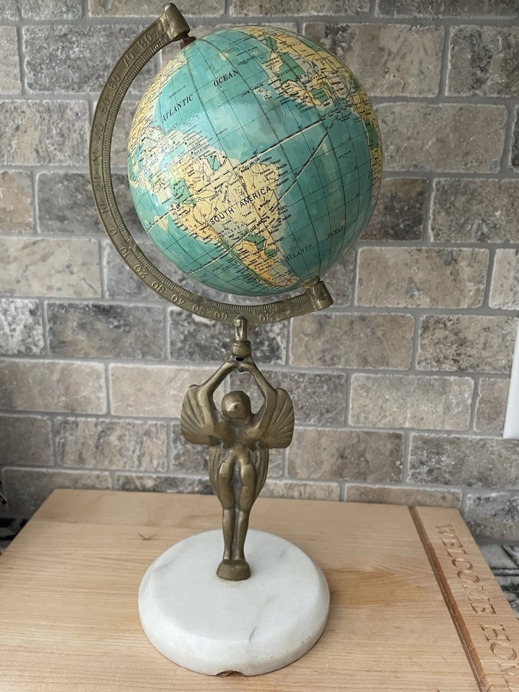 Vintage Desktop Globe With Brass Statue And Marble Base ￼