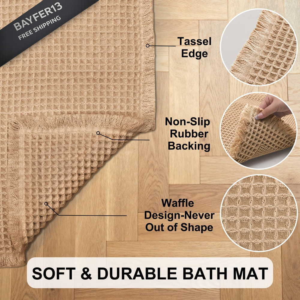 Hiasan Waffle Bath Mat, Super Absorbent Non 1'8" x 2'8" (Rectangular), Brown