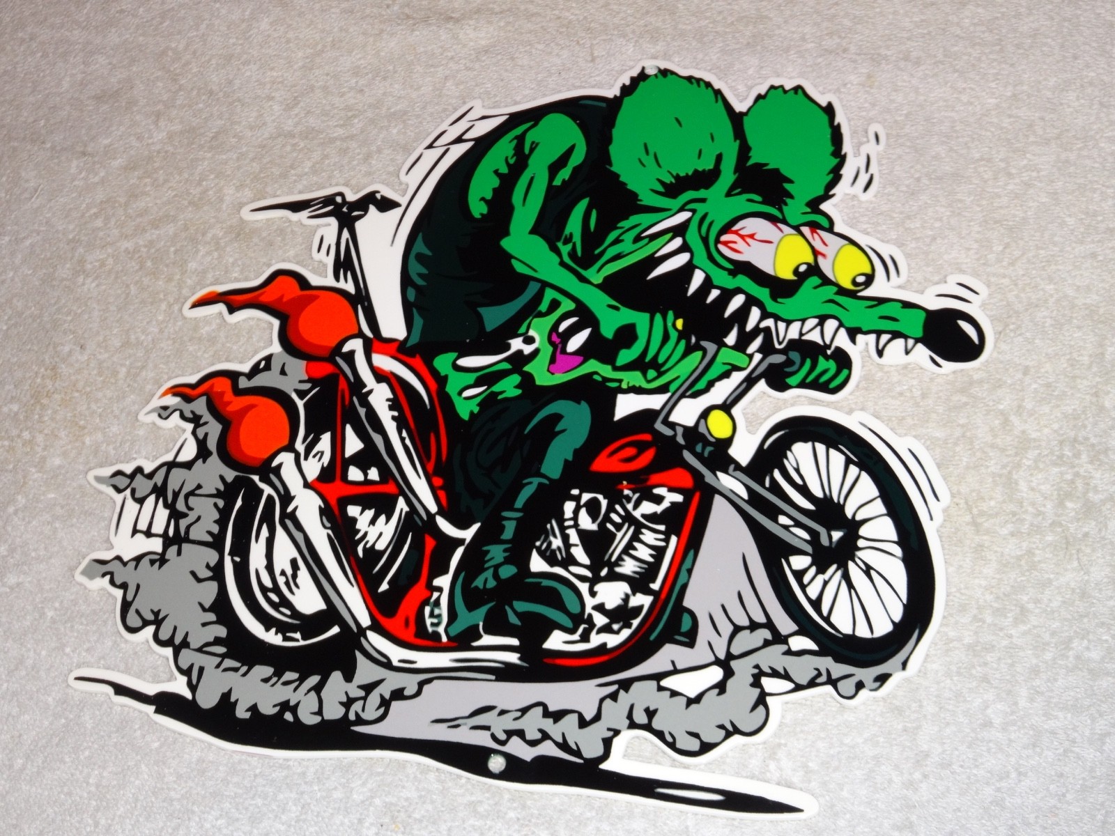 VINTAGE RATFINK RIDES MOTORCYCLE 12" PORCELAIN METAL RAT FINK GASOLINE OIL SIGN