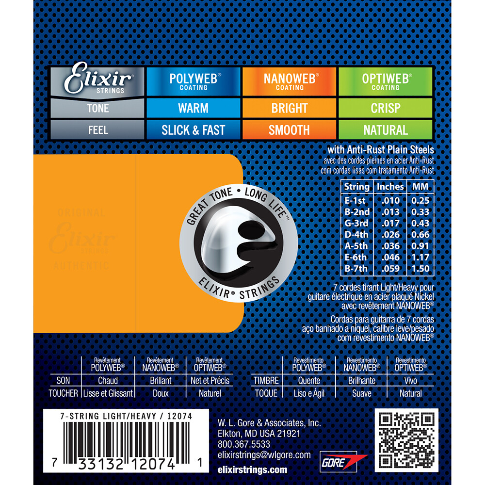 Elixir 12074 Nanoweb Coating Electric Guitar Strings 7-String Light/Heavy 10-59