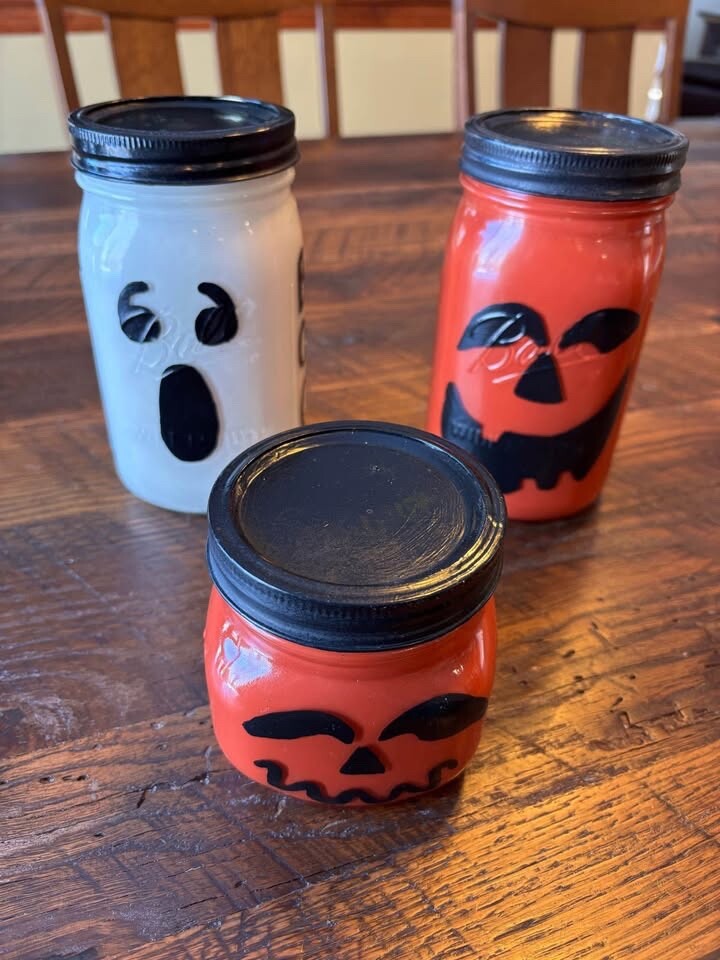 2 Pumpkins & 1 Ghost Painted Ball Jars