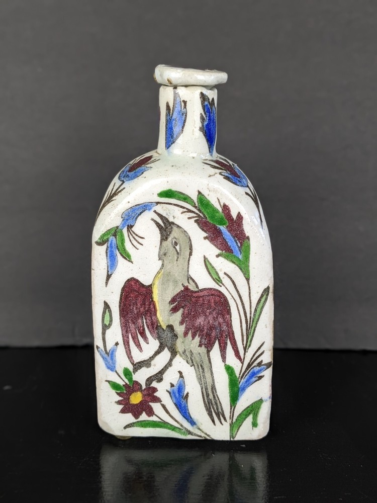 Antique Persian Qujar Pottery Bottle Tea Flask Floral Bird Pattern Triangular