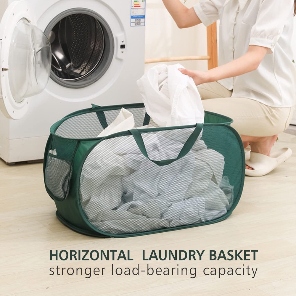 Pop Up Laundry Hamper,Collapsible Horizontal Baskets with Handles & Side Pock...