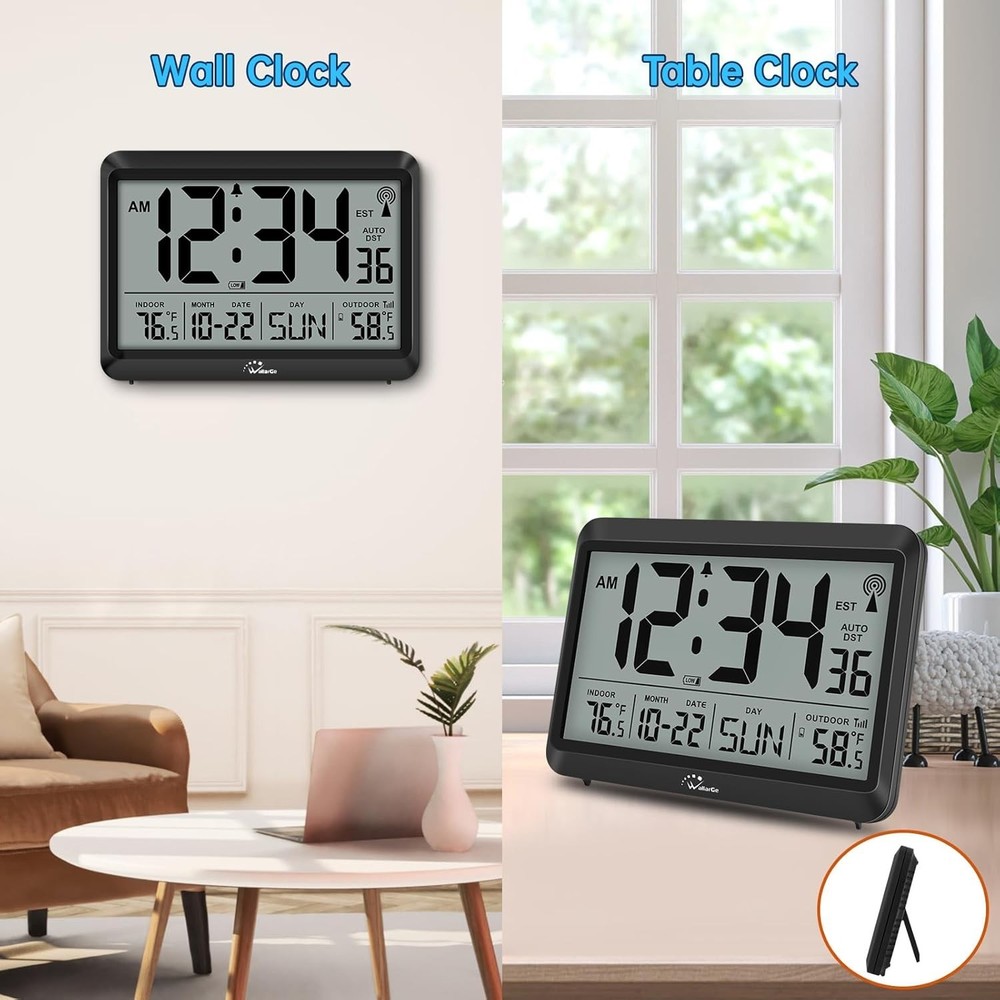 Modern Atomic Wall Clock - Self-Setting, Indoor Outdoor Temp