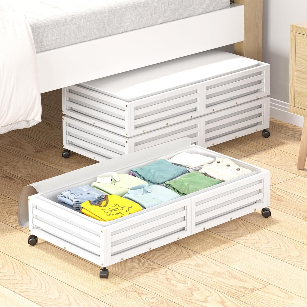 Bamboo Under Bed Storage Containers- Underbed Organizer W/ Wheels W/ Large