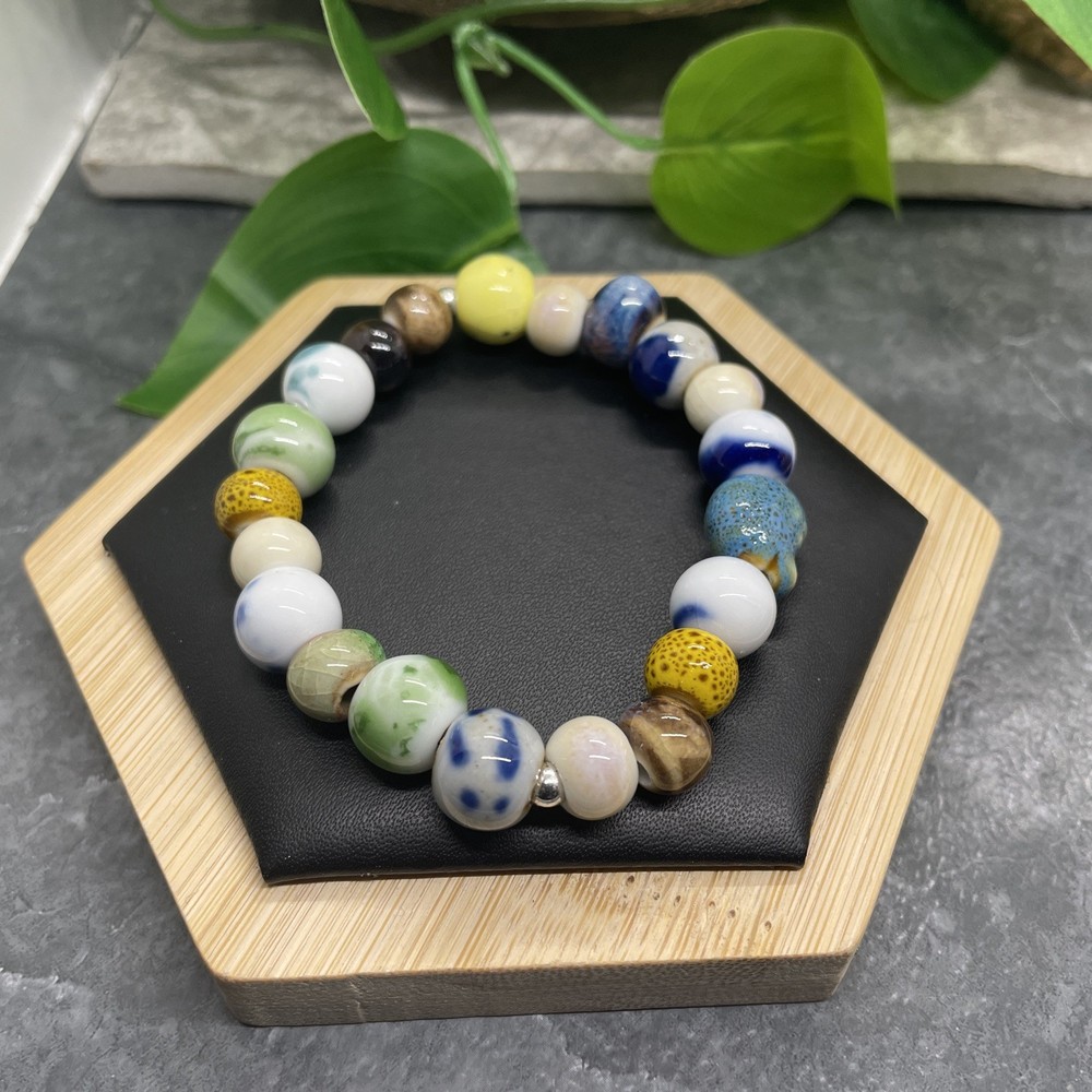 Handmade Ceramic Bead Beaded Stackable 6.5” Plus Stretch Bracelet New B473